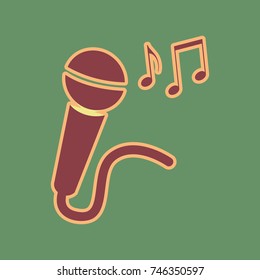 Microphone sign with music notes. Vector. Cordovan icon and mellow apricot halo with light khaki filled space at russian green background.