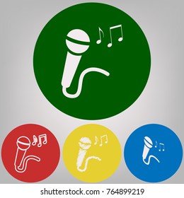 Microphone sign with music notes. Vector. 4 white styles of icon at 4 colored circles on light gray background.