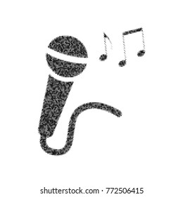 Microphone sign with music notes. Vector. Black icon from many ovelapping circles with random opacity on white background. Noisy. Isolated.