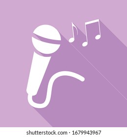 Microphone sign with music notes. White Icon with long shadow at purple background. Illustration.