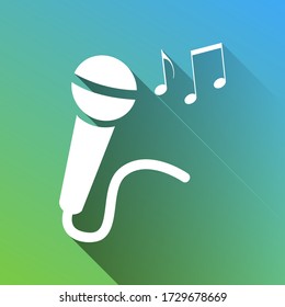 Microphone sign with music notes. White Icon with gray dropped limitless shadow on green to blue background. Illustration.