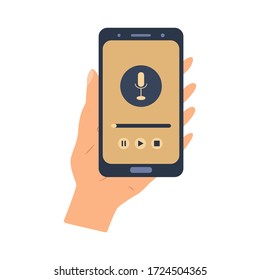 Microphone sign in the phone. Listening to the radio, podcast. Media hosting flat vector illustration. Hand holds smartphone