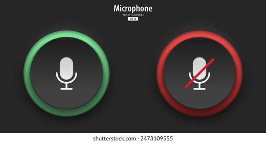 Señal de micrófono. Conjunto de Botones de negro con activación y desactivación de micrófono. Estilo de diseño de neumorfismo 3D para App, Sitios web, interfaces y App móviles. UI UX. Ilustración vectorial.