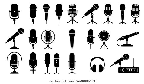 Microphone silhouette collection - podcast and recording equipment - scalable vector illustrations for print, packaging, signage, or digital use