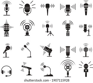 Microphone silhouette icon set. Equipment for podcasts, concerts, and speakers. Simple design for websites and mobile apps. Vector illustration isolated on a white background.