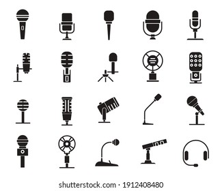 Microphone silhouette icon set. Equipment for podcasts, concerts, and speakers. Simple design for websites and mobile apps. Vector illustration isolated on a white background.
