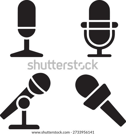  
Microphone Silhouette Icon Set Featuring Handheld, Stand, and Vintage Styles in Black