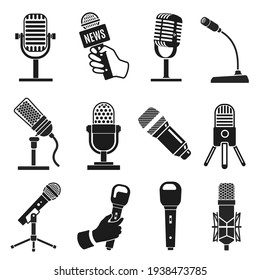 Microphone silhouette. Modern and old vintage mic icons. Music or podcast recording. Logo element for karaoke and radio broadcast vector set