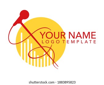 Microphone silhouette and sound level indicator columns logo template for leading, singer, event, karaoke party