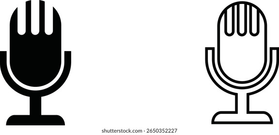 Silhuetas de microfone em estilos contrastantes ilustrando gravação de som e temas de transmissão para design gráfico