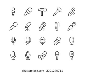 microphone simple icon set. Outline editable stroke. Pixel perfect 24x24px. Isolated on a white background