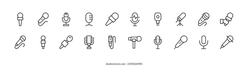 microphone simple icon set. Outline editable stroke. Pixel perfect 24x24px. Isolated on a white background