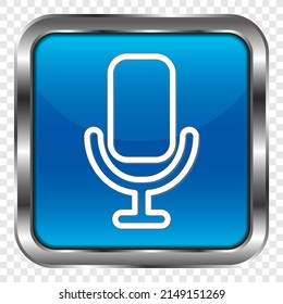 Microphone simple icon vector. Flat design. Metal, blue square button. Transparent grid.ai