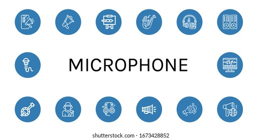 iconos sencillos del micrófono. Contiene iconos como Megaphone, Easel, Saxofón, Auriculares, Altavoz, Banjo, Músico, Micrófono, Edición de sonido, puede ser usado para web, móvil y logotipo