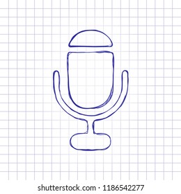 microphone. simple silhouette. Hand drawn picture on paper sheet. Blue ink, outline sketch style. Doodle on checkered background