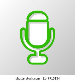 microphone. simple silhouette. Paper style. Cut symbol with green bold contour on shape and simple shadow