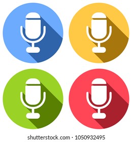 microphone. simple silhouette. Set of white icons with long shadow on blue, orange, green and red colored circles. Sticker style