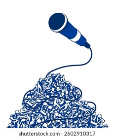 Microphone singer performer on top of mountain made of notes and musical symbols piled up in big heap of cacophony. Musical notes big pile. Vector banner for advertising of Karaoke party, concept