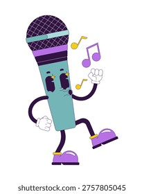 Microphone singing dancing groovy retro character. Karaoke song. Vocal mic. Isolated cartoon device vintage mascot. Funky illustration 60s 70s vibes. Anthropomorphic object. Technology personage