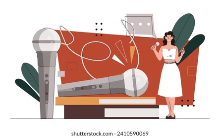 Microphone singing woman concept. Young girl with mic. Artist performing. Singer with equipment, talented musician sing. Cartoon flat vector illustration isolated on white background