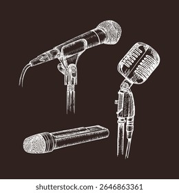 Uma coleção de ilustrações de esboço de microfone. Cliparts vetor desenhados à mão de um microfone. Desenhos em contorno em estilo de gravação. Conceito de concerto, podcast, apresentação