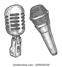 Microphone sketch, modern and retro sound equipment, vector pencil hatching design, isolated on white background. Hand drawn microphones icons for karaoke, radio and recording studio