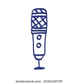 Esboço do microfone. Podcast ou item de música. Ícone de vetor desenhado à mão. Caneta azul ou desenho marcador. Imagem infantil primitiva