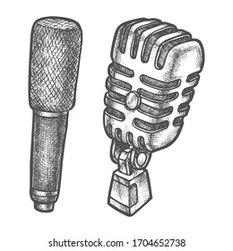 Microphone sketch, vector pencil hatching design, isolated on white background. Hand drawn modern and retro microphones, karaoke, radio and recording studio sound equipment