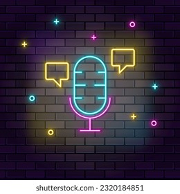 Microphone, smart, chat bobble icon , neon on wall. Dark background brick wall neon icon.