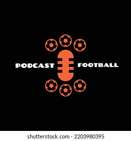 Microphone and soccer ball icon. Podcast logo design isolated on black. EPS8.