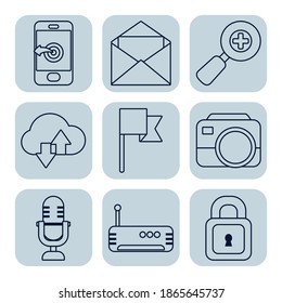 microphone and social media icon set over white background, line style, vector illustration