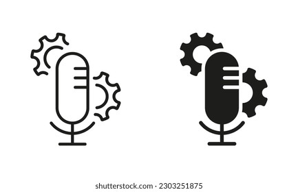 Microphone Sound Configuration Line and Silhouette Icon Set. Microphone and Gear, Cog Wheel Symbol Collection. Audio Recording Settings Pictogram. Isolated Vector Illustration.