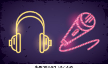 microphone sound and earphones neon lights vector illustration design