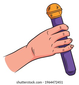 Micrófono. Sonido. Aumenta el volumen de tu voz. Micrófono en mano. Estilo de caricatura. Ilustración vectorial para diseño y decoración.