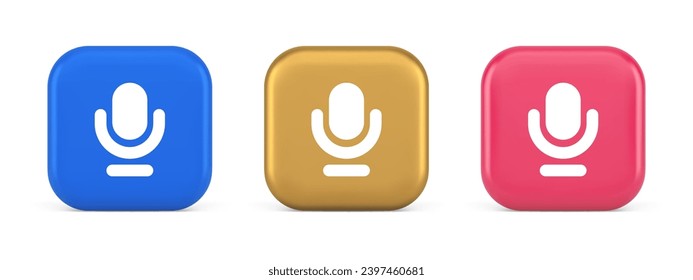 Microphone sound live recording button web app design radio music broadcasting 3d realistic blue gold and pink icons. Mic message voice stereo media communication