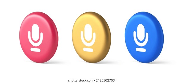 Micrófono de sonido en vivo botón de grabación de diseño de aplicaciones web de radio de música que transmite 3d realista oro azul y rosa iconos. Mensaje de micrófono voz comunicación de medios estéreo