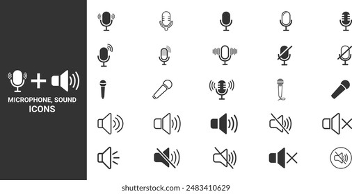 Microphone and sound vector icon set. Black microphone sound icons