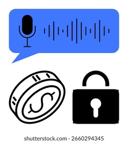 Mikrofon und Schallwelle in blauer Sprechblase, Dollarmünze und Vorhängeschloss. Ideal für Sicherheits-, Finanz-, Technologie-, digitale Kommunikations-, Online-Datenschutz-, Podcasting- und Datenverschlüsselungskonzepte