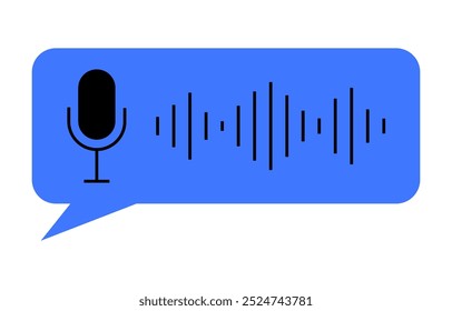Microphone and sound wave symbols set within a blue speech bubble. Ideal for communication apps, voice recording, podcasts, speech recognition technology, and customer support systems. Cartoon modern