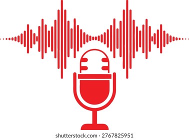 Microphone with sound waves graphic representing audio recording or podcasting Vector