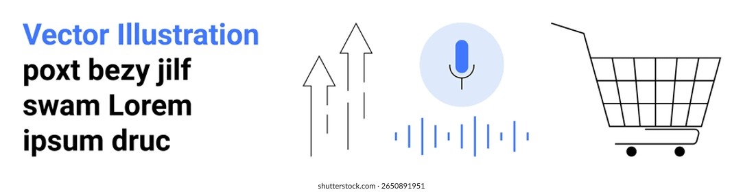 Microfone com ondas de som, setas para cima e carrinho de compras simbolizam o progresso tecnológico e e-commerce. Ideal para start-ups de tecnologia, compras on-line, marketing digital, inovação, interface do usuário, varejo
