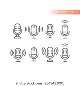 Microphone with sound waves vector icons. Mic, podcast and music outline icon set.