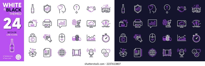 Iconos de la línea de entrega de micrófono, español y alimentos para sitio web, impresión. Colección de Amigo, Marcador de derechos de autor, Iconos de las manos de aplauso. Investigación de huellas digitales, Timer, elementos web de puertas abiertas. Vector