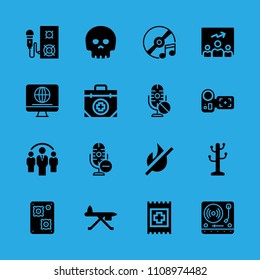 microphone, microphone, speaker, first aid kit, band aid, television, compact disc, camcorder and group vector icon. Simple icons set