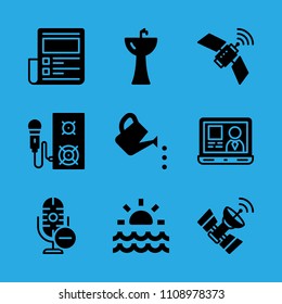 microphone, speaker, satellite, laptop, sink, satellite, news paper, sunrise and watering can vector icon. Simple icons set