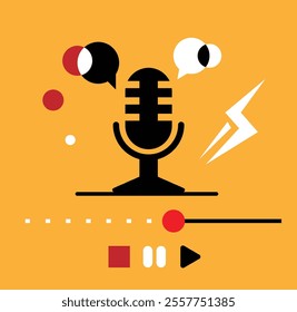 Microphone with Speech Bubbles and Playback Buttons Colorful Podcast Poster. Audio podcasts and listening to music concept vector illustration