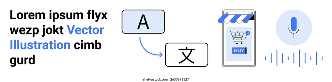 Microphone, speech input, shopping cart, buy button, translation symbols A to Chinese character . Ideal for e-commerce, online shopping, translation services, multilingual platforms, voice