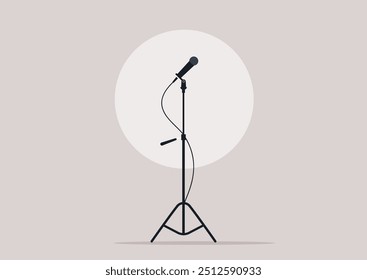 A microphone stand awaits its moment on stage, silhouetted against a gentle glow, suggesting anticipation and the promise of captivating performances to come