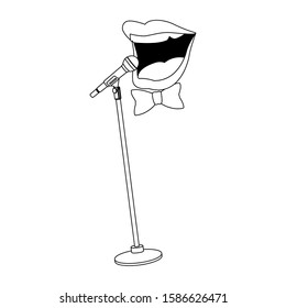 Microphone Stand And Comedian Mouth Icon Over White Background, Flat Design, Vector Illustration