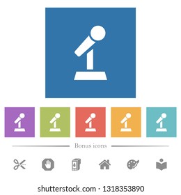 Microphone with stand flat white icons in square backgrounds. 6 bonus icons included.